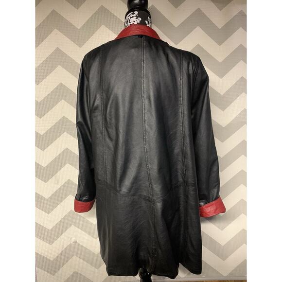 Vintage Black Leather Long Woman’s Jacket Red Lining Kircilar Lg Preppy Princes - Picture 4 of 8